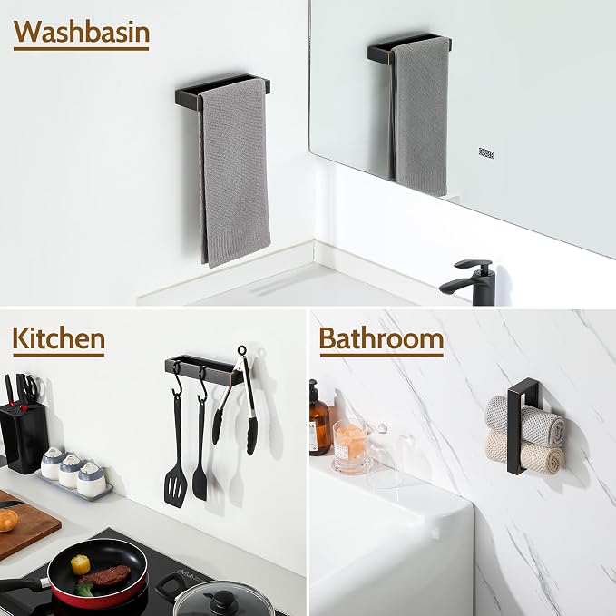 Sayayo Oil Rubbed Bronze Towel Bar for Bathroom, 8 Inch Hand Towel Holder Wall Mount Square Towel Ring SUS304 Stainless Steel Towel Rack