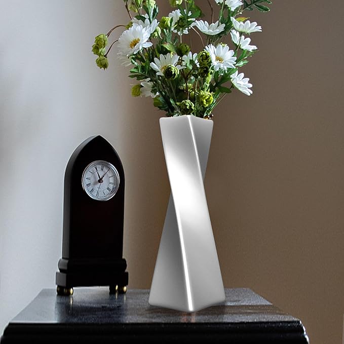 Silver Ceramic Geometric Vase, 11.8" H, Modern Decorative Vase for Home Decor