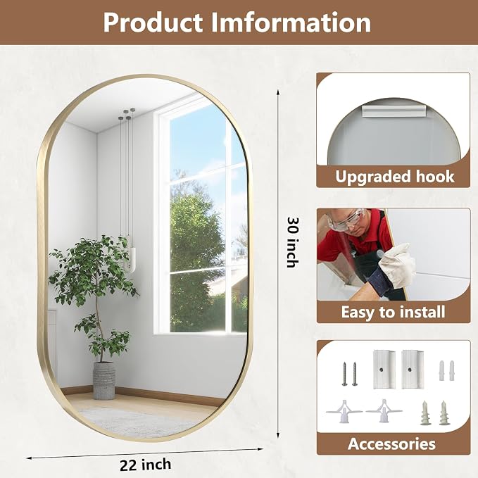 Gold Oval Mirror, 22"x30" Oval Bathroom Mirror, Vanity Mirror with Brushed Metal Frame, Wall Mount Mirrors Decor for Bathroom, Bedroom, Entryway, Living Room(Hangs Horizontally or Vertically)