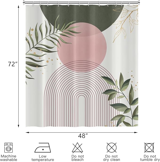 Boho Mid Century Shower Curtain, Pink Modern Minimalist Abstract Geometric Sage Green Gold Plant Leaves Bathroom Curtains Washable Waterproof Fabric Buthtub Curtain Set with Hooks 48" Wx72 L