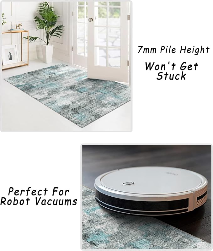 3x5 Rug, Small Area Rug for Living Room, Bedroom, Kitchen, Machine Washable Non-Slip Throw Rug, Modern Abstract Carpet for Entryway Nursery Coffee Table, Teal