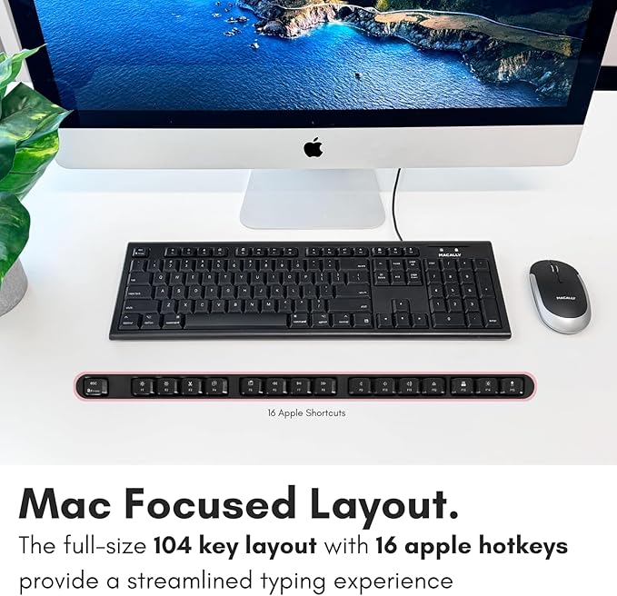 Macally Full Size Wired Mac Keyboard - Compatible with All Macs with USB Port - Wired Keyboard for Mac Mini / Pro, Macbook Pro/Air, iMac with Number Pad & 16 Apple Shortcut Keys Spill Proof - Black