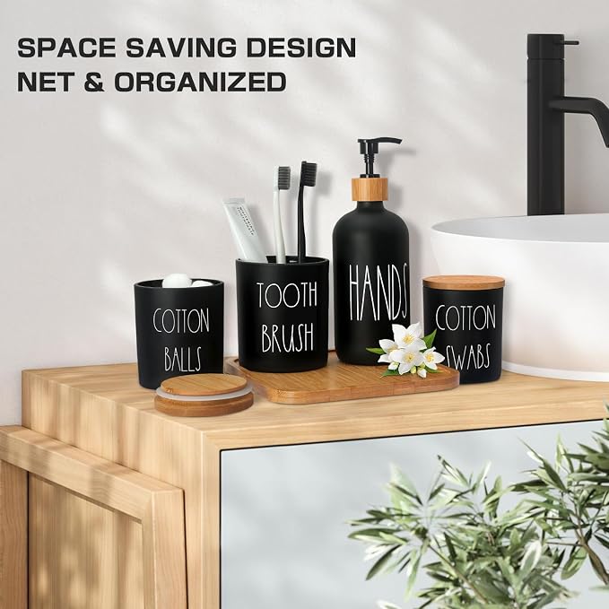 Matte Black Bathroom Accessories Set, 5 Pcs Glass Bathroom Accessory Set with Bamboo Tray, Soap Dispenser and Toothbrush Holder Set, Qtip Holder Set, Farmhouse Boho Bathroom Set Complete