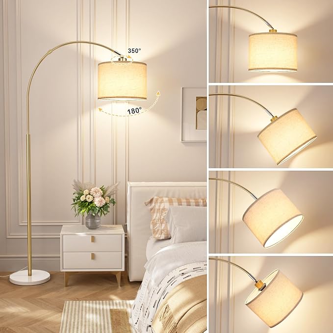 Ambimall Dimmable Arc Floor Lamp with Remote, Color Temperatures and Brightness Adjustable, Arched Floor Lamp with Rotating Head, Over Couch Arched Reading Light for Living Room (Marble Base)