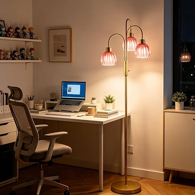 3-Light Glass Floor Lamp, 70" Gold Dimmable Standing Tall Lamp with Deep Red Ribbed Glass Shades &3PCS 3000K Warm White Bulbs, Modern Tree Pole Lamp for Living Room Bedroom Home Office Corner Decor