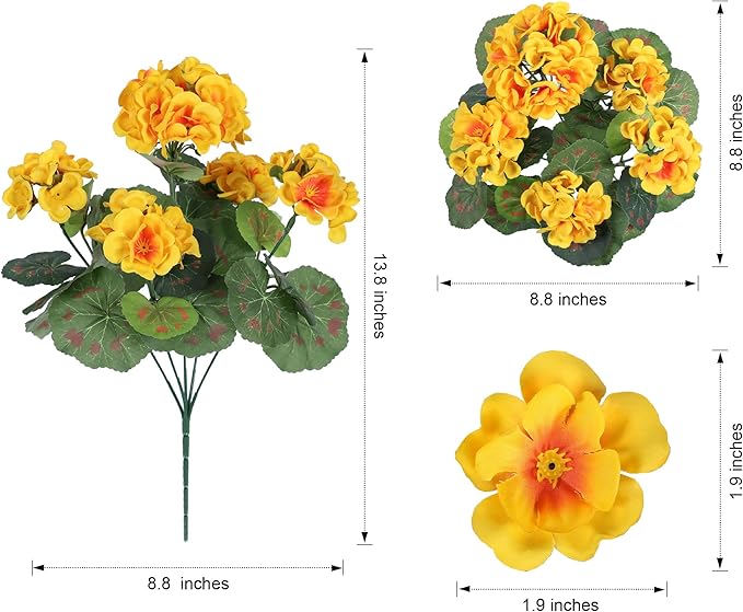 Fake Geraniums Artificial Flowers for Outdoors Winter Decoration, 6 Bundles Silk Geraniums UV Resistant Look Real Yellow Faux Flowers Plants for Front Door Garden Planter Patio Balcony Yard Home