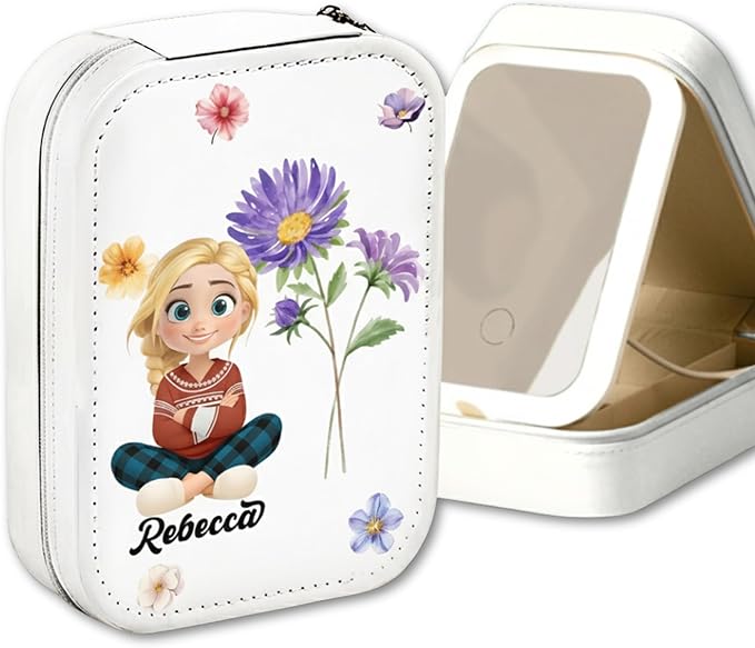 Wrappiness Girls & Women Lovely Makeup Box With LED Mirror - Personalized Jewelry Box Organizer Portable Ideal for Travel, Gift for Daughters Sisters Friends (Birth Month Flower, Women)