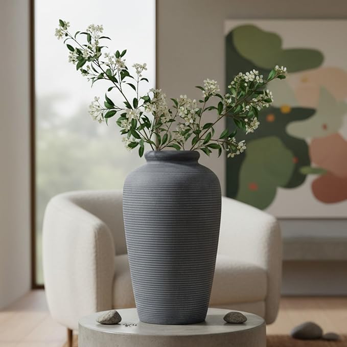 Ceramic Rustic Flower Vase,11 Inch Large Farmhouse Vases Home Decor Pottery Floral Vase Decorations for Living Room Handmade Vintage Vases for Bedroom Decor for Entryway Table Mantel Kitchen-Black