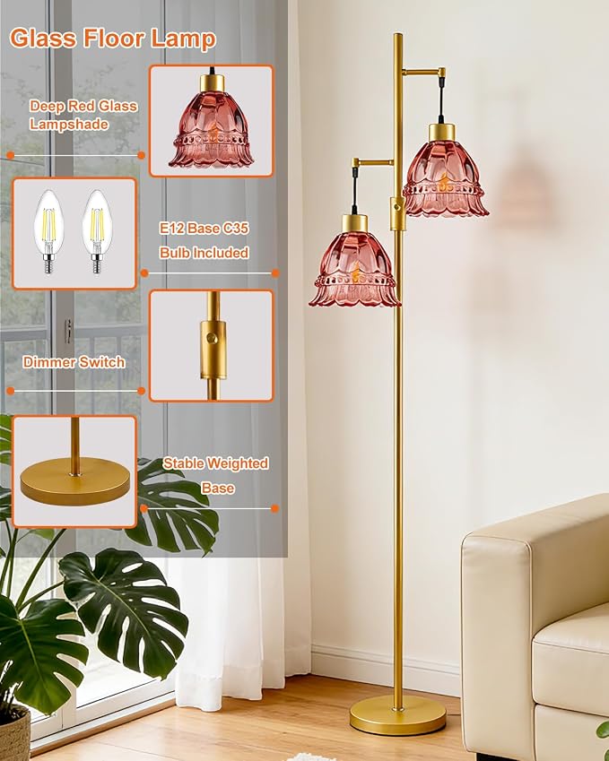Lightdot 65IN Glass Floor Lamp for Living Room, 2- Light Gold Flower Floor Lamps with Rose Red Glass Lampshade,3000K Warm White Modern Standing Tall Lamp with 5Lbs Heavy Base for Bedroom Corner