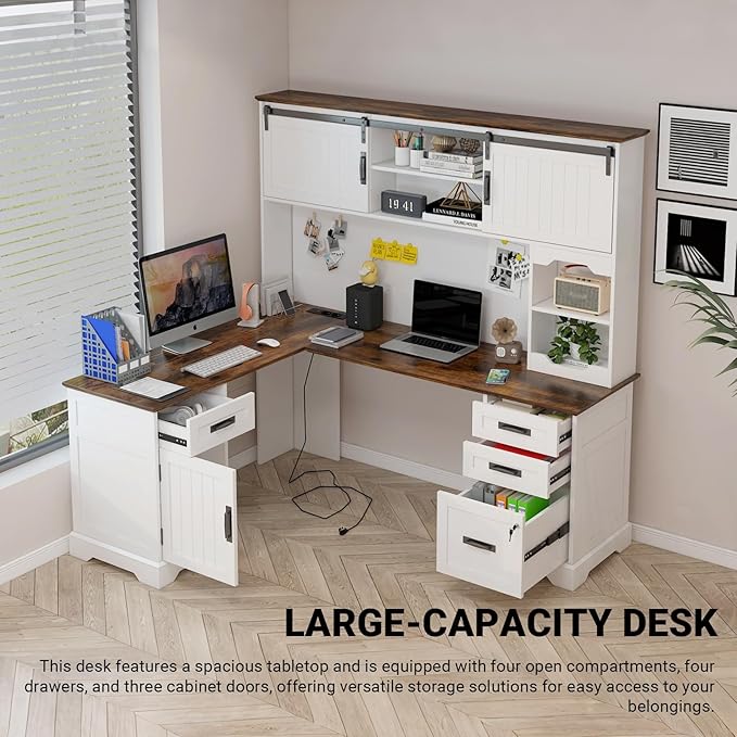 Executive Desk, Farmhouse Home Office Desk with Drawers and Storage Cabinet, Wood Computer Desk for Work and Study, Antique White (Style Two)