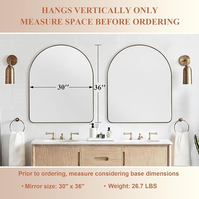 ANDY STAR Arched Mirror, 30 x 36 Inch Gold Wall Mirror in Stainless Steel Metal Frame, Arch Top Rounded Corner 1 Inch Deep Set Design Wall Mount Hangs Vertical