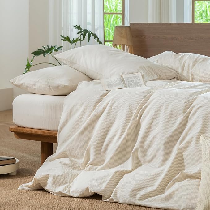 MooMee Striped Duvet Cover Set 100% Washed Cotton Linen Like Textured Breathable Durable Soft Comfy (Almond Milk Grey Pinstripes, Palatial King/Oversized King 120"x98")