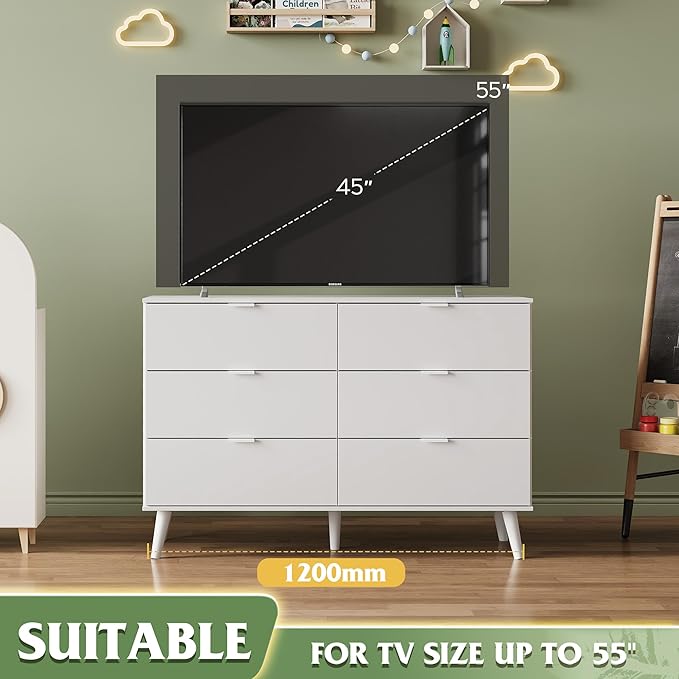 WLIVE 6 Drawer Dresser for Bedroom, 47.24'' Wide Wooden White Dresser, Storage Organizer with Sturdy Metal Handle, TV Stand for 55 inch TV, Chest of Drawers for Living Room, Hallway, Closet