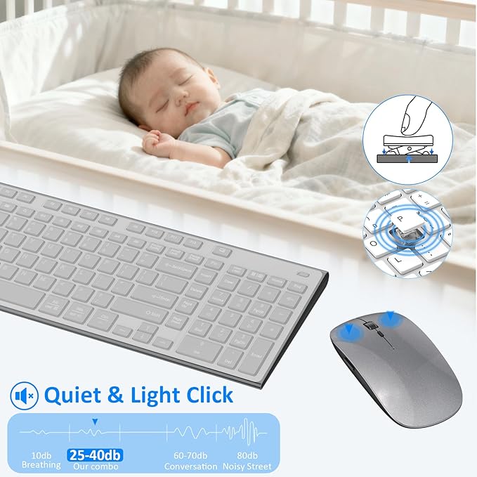 Wireless Keyboard and Mouse, GALENMORO Silent Quiet Combo Low Profile USB C Full Size Compact with Number Pad Flat Soft Touch Cordless for Mac Computer PC Laptop MacBook iMac Office - Black and Gray