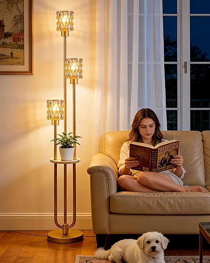 Lightdot 3-Lights Glass Floor Lamp for Living Room Modern Gold Floor Lamp with Amber Glass Shade for Wedding/Party Farmhouse Tall Standing Lamp with 5Lb Heavy Base for Bedroom/Sofa Beside/Corner Decor