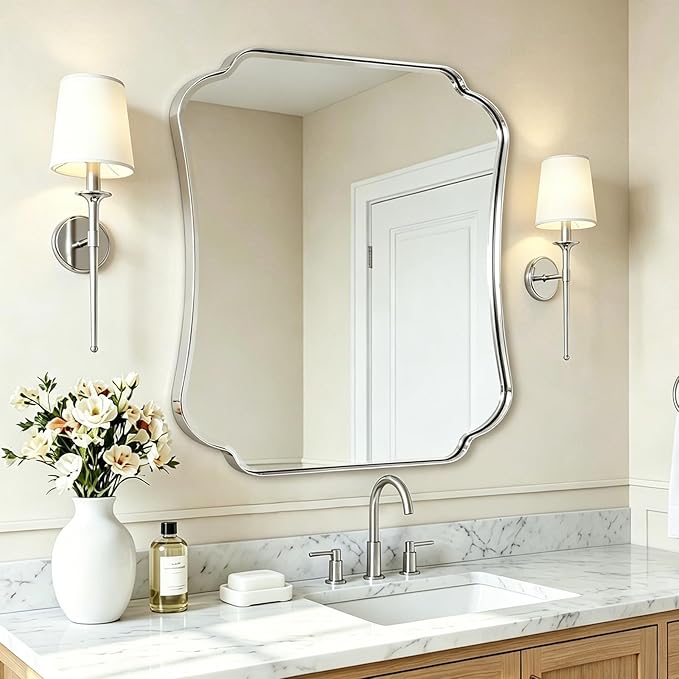 ANDY STAR Chrome Bathroom Mirror 24x30 Inches, Modern Scalloped Wall Mirror with Distinctive Notched Edge Stainless Steel Frame for Hallway, Lounge and Vanity Area