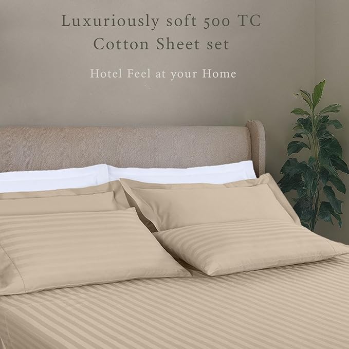 Threadmill 500 Thread Count Queen Size Damask Stripe, 4 Pc Luxury Cotton Bedding Set, Silky Smooth Light Beige Sheets with 16" Elasticized Deep Pocket, 2 Pillowcases & Free Tote Bag