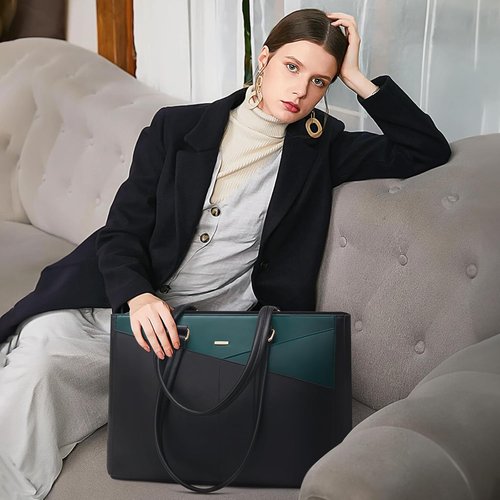 LOVEVOOK Laptop Bag - Waterproof Leather Tote for Women | 15.6 Inch Briefcase in Black/Green
