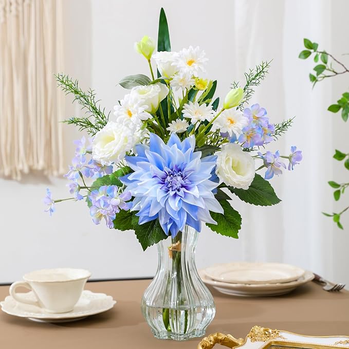 Artificial Flowers – Elegant Flower Bouquet, Faux Silk Dahlia & White Roses Floral Arrangement Fake Plant Decor for Home Indoor, Farmhouse kitchen Dining Decoration Wedding Table Centerpiece