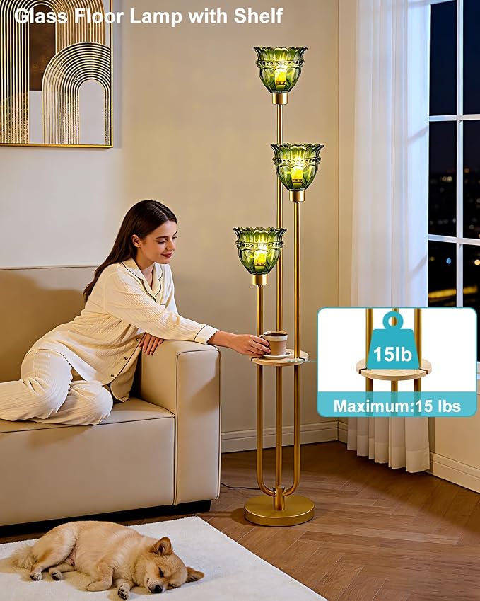 Lightdot 3-Lights Glass Floor Lamp for Living Room Modern Gold Floor Lamp with Green Glass Shade 3000K Bulbs Included Tall Standing Lamp with 5Lb Heavy Base for Bedroom/Sofa Corner Decor-Foot Switch