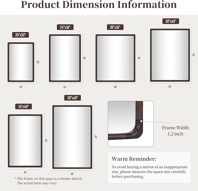 Tanmicoshomy Wood Bathroom Mirror 30 x 36 Inch, Solid Wood Framed Rectangle Mirrors with Tempered Glass for Living Room Bedroom or Entryway(Dark Brown)