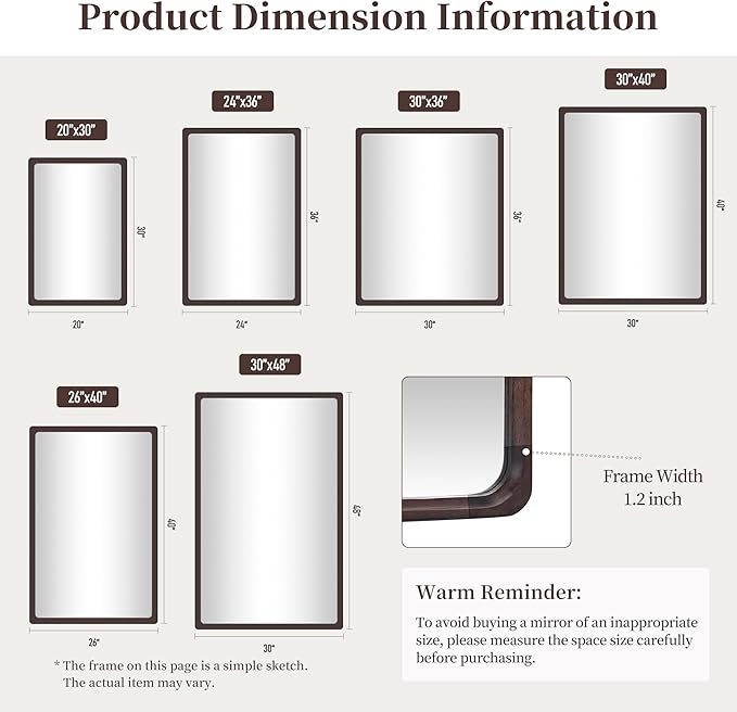 Tanmicoshomy Wood Bathroom Mirror 26 x 40 Inch, Solid Wood Framed Rectangle Mirrors with Tempered Glass for Living Room Bedroom Office or Entryway(Dark Brown)