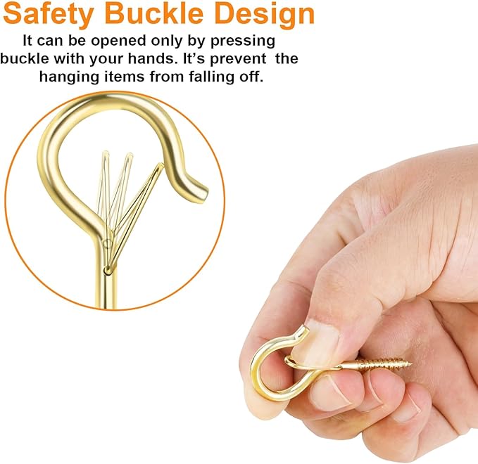 FSAH 96 PCS Q-Hanger Hooks, Screw Hooks for Outdoor String Lights, Safety Buckle Design Cup Eye Hook for Hanging Christmas Lights, Plants, Mounted on Wall Ceiling, Include 1 Wing Nut Driver, Gold