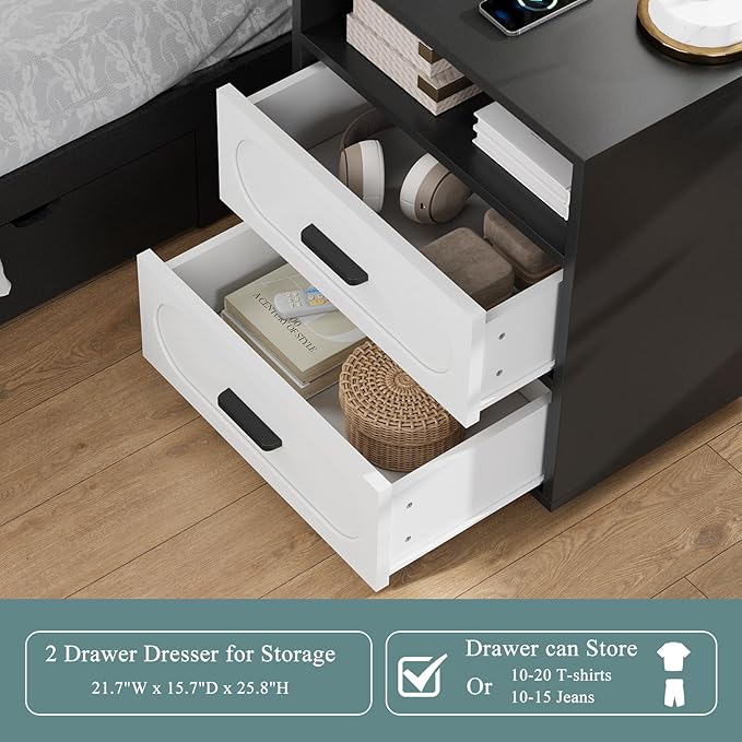 26" Tall Modern Nightstand with Charging Station, White End Table with 2 Drawers Storage, Space-Saving Wood Storage Cabinet with Unique Base Design, Bedside Table for Bedroom, Living Room