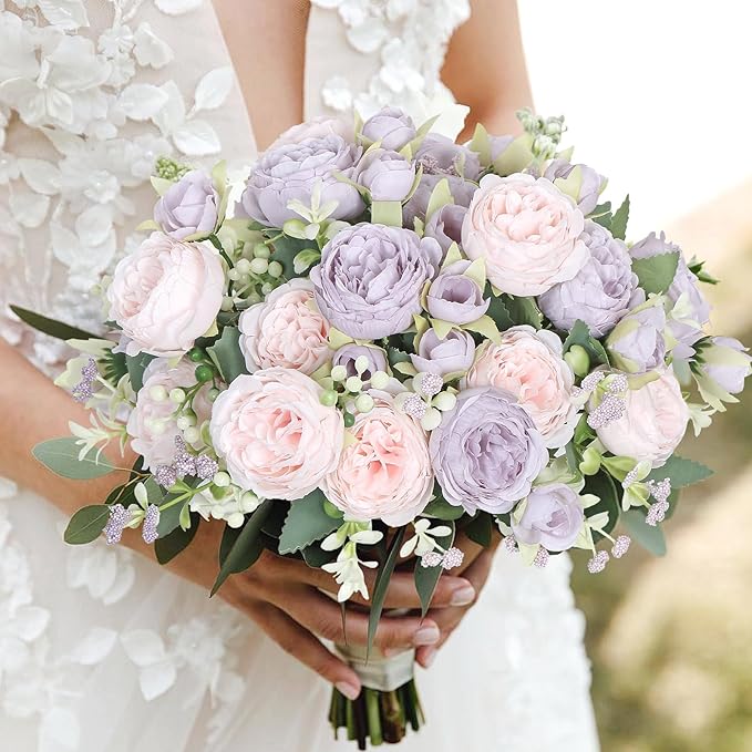 SOMYTING Peonies Artificial Flowers, Fake Flowers Purple Peonies Faux Flowers Vintage Artificial Silk Flower Peonies Bouquets Floral Arrangements Home Wedding Party Table Decor (Pink Purple, 2PCS)