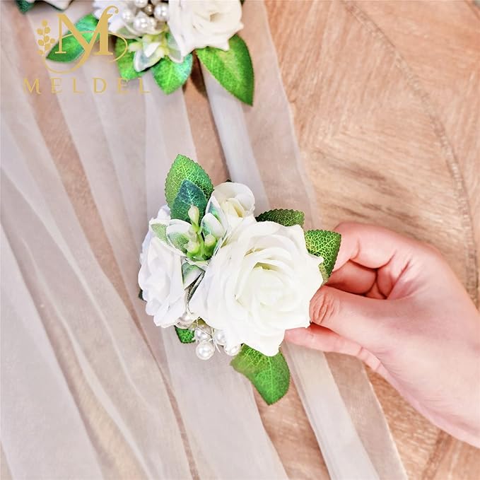 Meldel Boutonniere for Men Wedding Floral Shoulder Corsages, Set of 2,Groomsmen White Artificial Boutonnieres for Men Wedding Prom Best Man Corsage, Bride Bridal Bridesmaid Girl Prom Shoulder Flowers