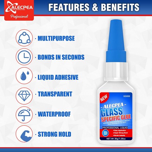 ALECPEA Glass Glue - Crystal Clear Invisible Adhesive for Glass Repair & Jewelry - Waterproof, Heat-Resistant Bond with Quick 15s Set & 3 Precision Tips