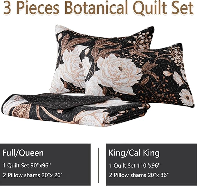 Yogeneg King Size Quilt Set,White Gold Floral Botanical Pattern Black Bedding Set,3 Piece Lightweight Soft Summer Bedspread Coverlet with 2 PIillow Sham for All Season(Black Floral,110"x96")