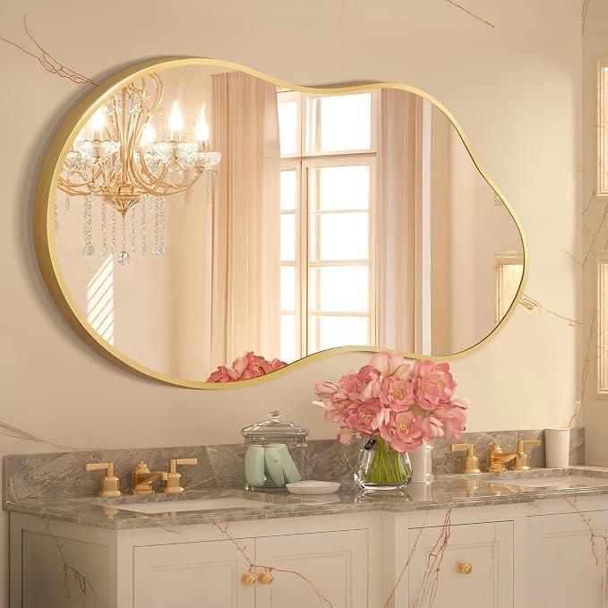 Dorlicecass Bathroom Mirror - Gold Irregular Wall Mirrors Decorative 26"x46" Asymmetrical Tempered Glass Aviation Aluminum Alloy Frame for Vanity, Bedroom, Living Room, Cloakroom, Entryway