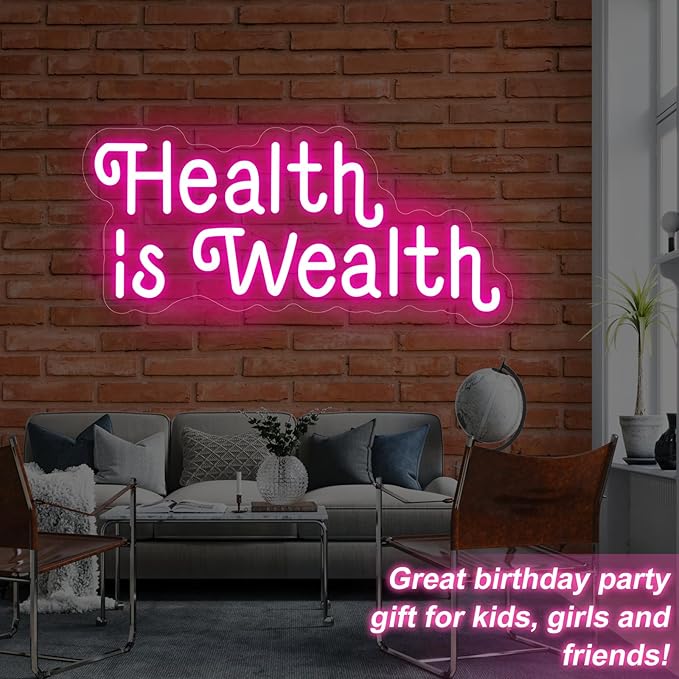 Health is Wealth Neon Sign,Health Decor Light,Fitness Club Decor,Gym Led Wall Decor,Inspirational Quote Sign,Health Gift,Mother's Day gift, Encouraging Light, Pink Led light for Bedroom, Club, gifts For Women