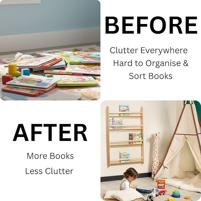 Montessori Wall-Mounted Bookshelf for Toddlers Toy Storage Shelf Organizer for Playroom and Classroom Floor Bookshelves for Kids Room (Natural, XL, 4)