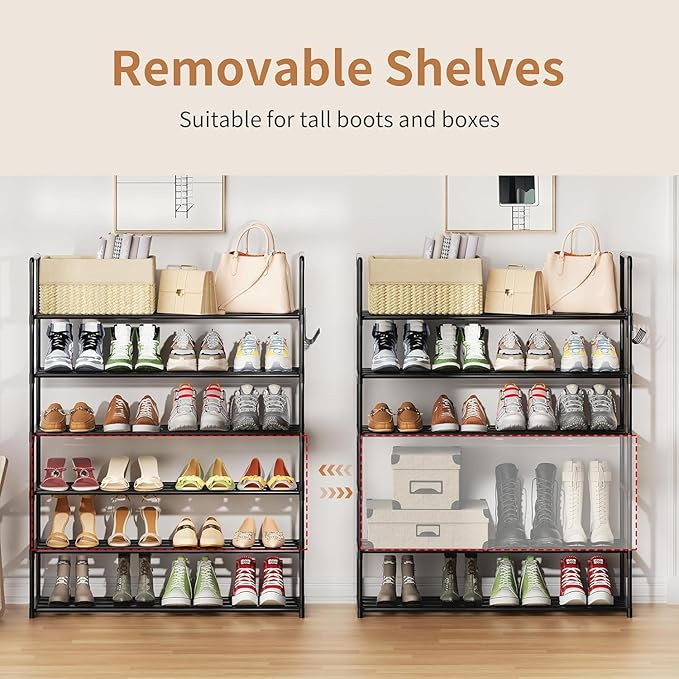 HOMICKER Metal Shoe Organizer,6 Tiers Shoe Storage Shoe Rack with Hooks,Fit 24-30 Pairs,Adjustable Shoe Shelf for Entryway,Hallway,Bedroom,Metal Bottom Support