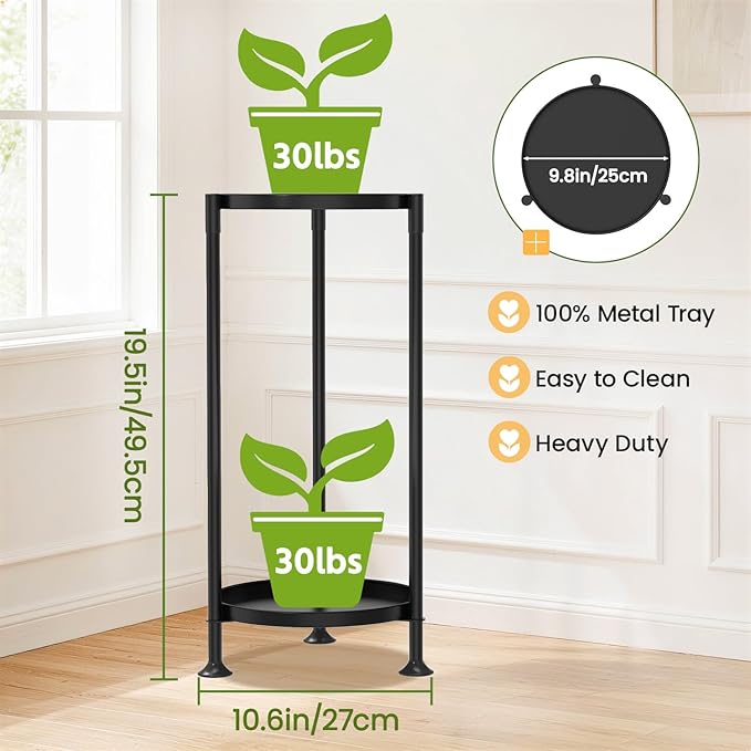 LASZOLA 2 Tier Plant Stand Indoor with Large Metal Tray, Corner Round Flower Holder Rack Tall Outdoor, Morden Planter Display Shelf for Patio Porch Garden Office Living Room, Black