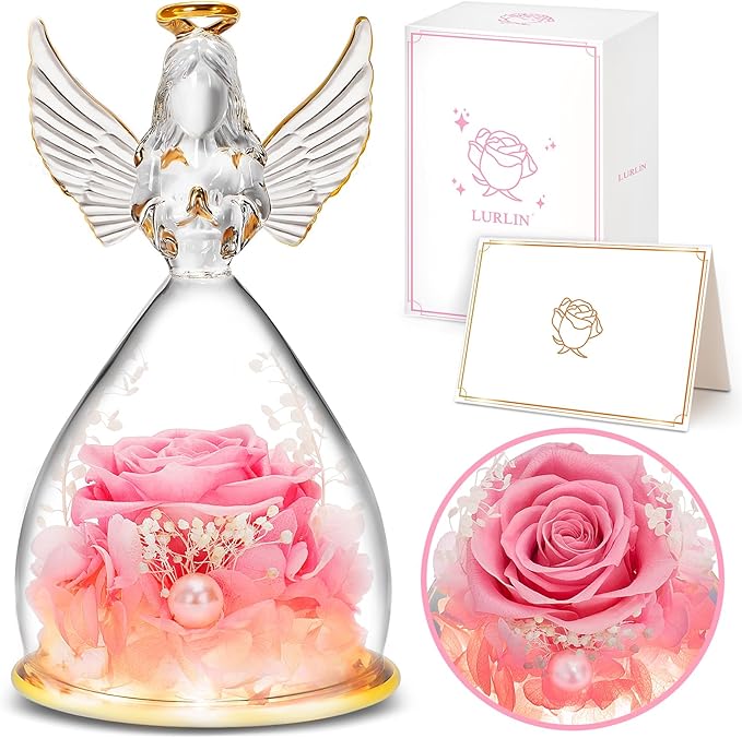 LURLIN Birthday Rose Gifts for Women - Preserved Flowers, Glass Angel Figurines with LED Forever Rose for Mom, Grandma, Wife, Friend, Teacher, Nurse, Anniversary Day Girls Gift