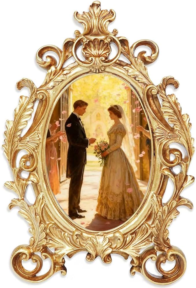 Oval Photo Frame 4x6, Gold Vintage Resin Picture Frames with Glass Cover, Antique Picture Frame for Living Room, Retro Handmade Photo Frames for Tabletop or Wall Hanging, Pictures Display Frames Art