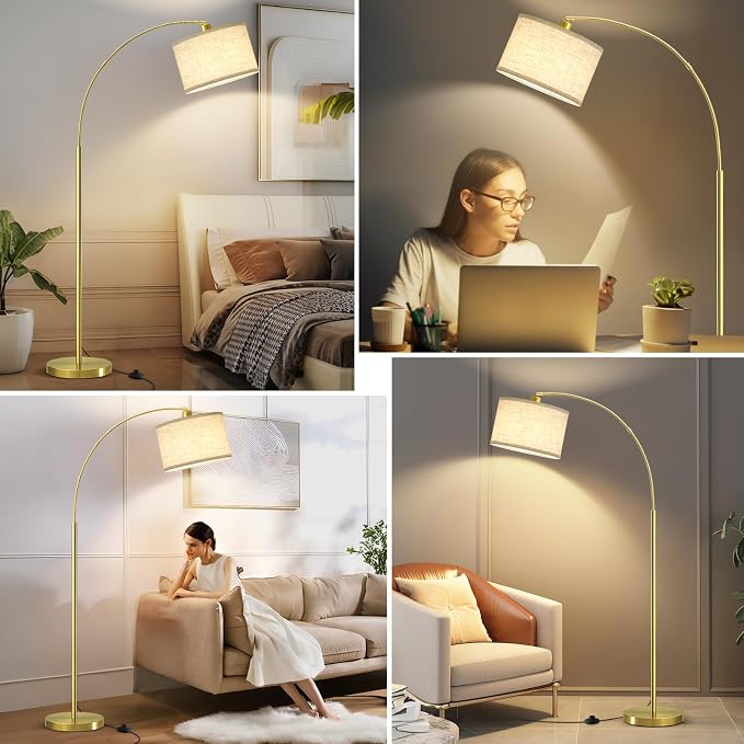 Luvkczc Arc Floor Lamp, 71" Tall Standing Lamp with On/Off Foot Switch, Gold Floor Lamp for Living Room with Adjustable Drum Lampshade, Over Couch Arched Reading Light for Reading, Bedroom, Office