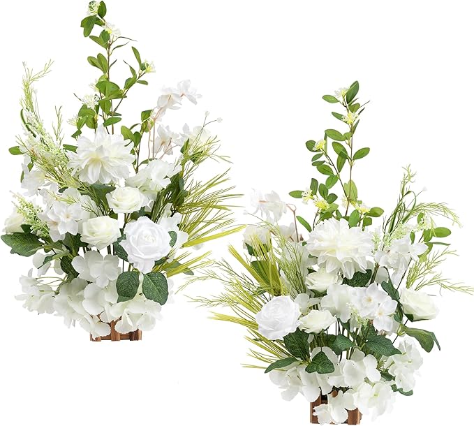 Ling's Moment 17.5" Tall Free Standing Artificial Flowers Arrangements 2 pcs Wedding Aisle Runner Chair Decorations Lily White Green Centerpieces for Ceremony Reception Rose Floral Floor Party Outdoor