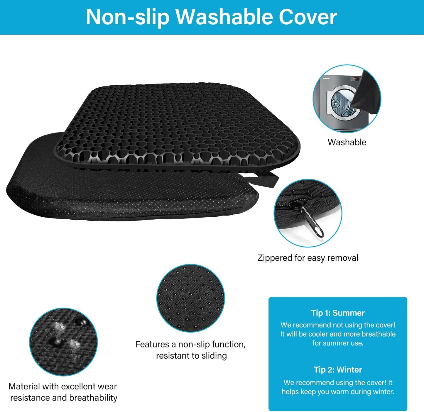 Skiennix Gel Seat Cushion - Thick, Soft & Breathable for Long Sitting | 18 x 17 Inches, Black