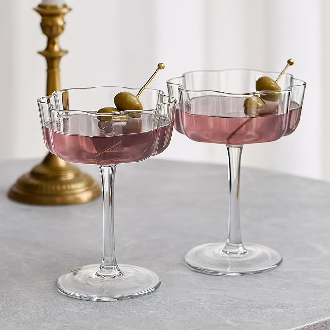 Khen Flower Vintage Wavy Glass Coupes Martini, Champagne & Cocktail Coupes - Set of 2-7oz Colorful Cocktail Glasses & Champagne, Prosecco, Mimosa Glassware Copyright Design - Gray