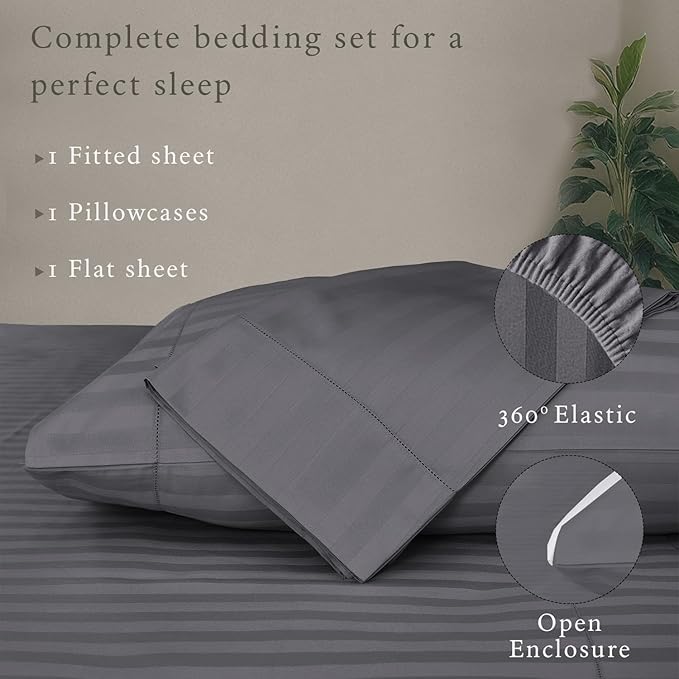 Threadmill 500 Thread Count Twin Size Damask Stripe, 3 Pc Luxury Cotton Bedding Set, Breathable & Silky Soft Dark Grey Sheets with 15" Elasticized Deep Pocket, 1 Pillowcase & Free Tote Bag