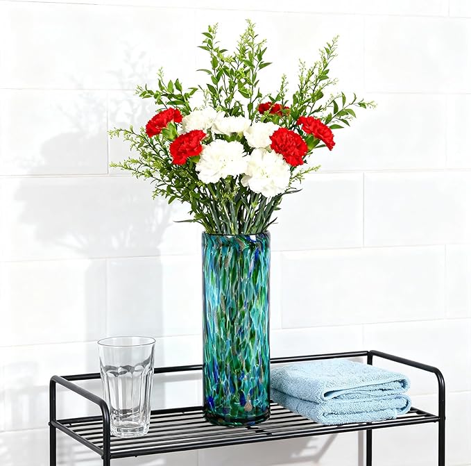 9.45" Tall Teal Vase Hand Blown Glass Vase Green, Modern Teal Home Centerpieces Wide Mouth Vases for Bud&Flower Decor - Ideal Living Room, Kitchen, Wedding, Dining Table, Office Center Table