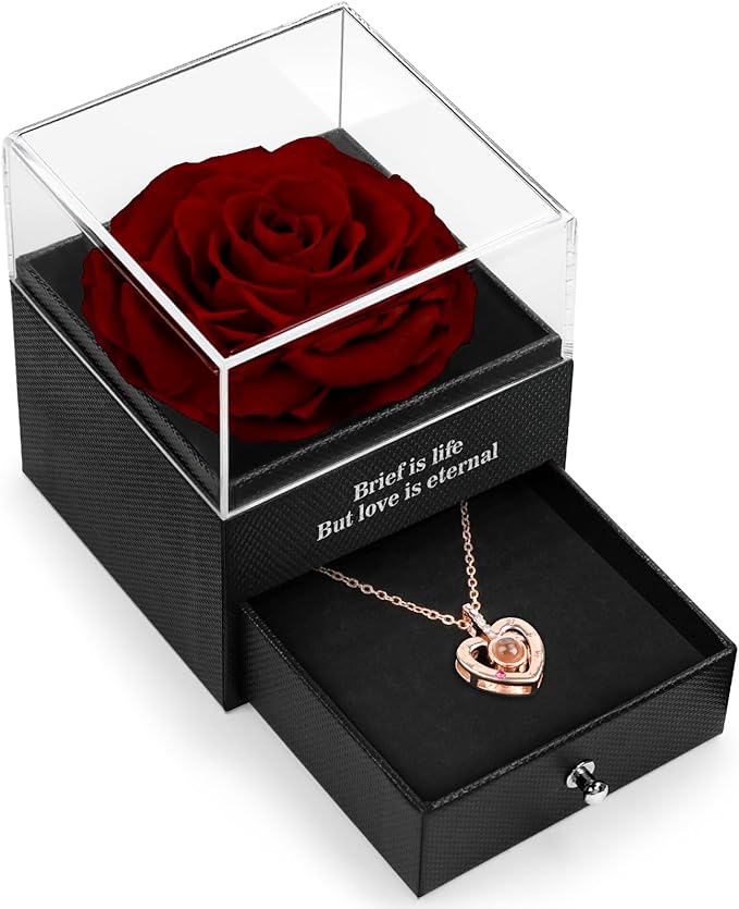 for Her Preserved Real Rose with I Love You Necklace in 100 Language, Girlfriend, Eternal Real Rose Flower Gifts for Women Mom Wife on Valentines Birthday Anniversaries