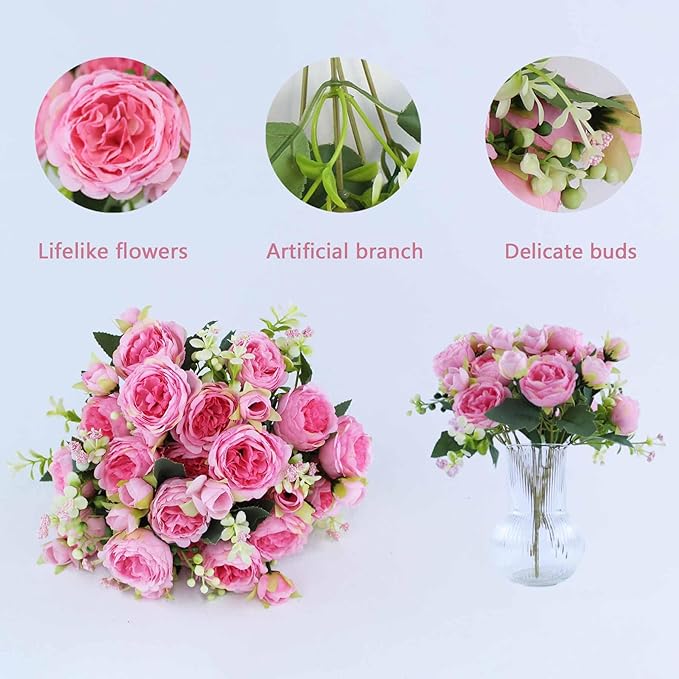 8 Bundles Peonies Artificial Flowers Silk Peonies Faux Flowers Fake Peonies Artificial Flowers Peonies Bouquet for Table Centerpieces Decoration Wedding Decor Home Party Decor (Dark Pink)