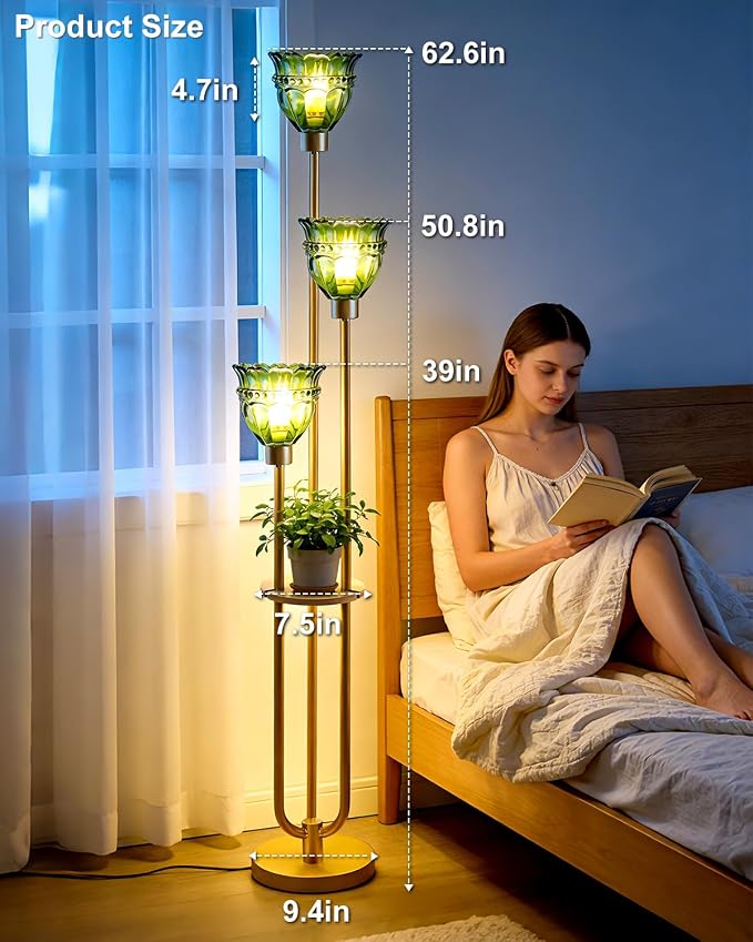 Lightdot 3-Lights Glass Floor Lamp for Living Room Modern Gold Floor Lamp with Green Glass Shade 3000K Bulbs Included Tall Standing Lamp with 5Lb Heavy Base for Bedroom/Sofa Corner Decor-Foot Switch