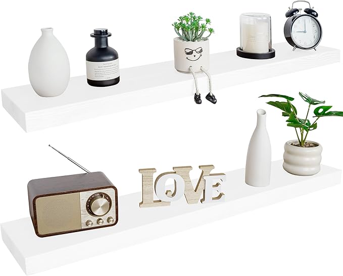 BGMG Wood Floating Shelves for Wall 54 inch Set of 2,White Floating Shelves,Solid Wood Wall Mount Shelves for Bathroom Living Room Bedroom Kitchen Farmhouse -54x 6.7 x1.75 inch