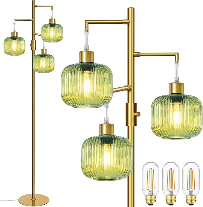 Modern Floor Lamp for Living Room, Dimmable Gold Standing Lamp with Green Glass Shade, Mid Century 3 Lights Tall Lamp, Vintage Retro Floor Lamps for Bedroom, 3×6W Bulbs Included